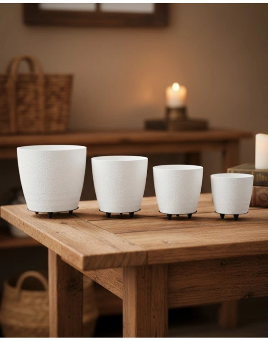 ® 4’lü 3D Şık Beyaz Saksı Seti Modern Ayaklı Dekoratif Vazo