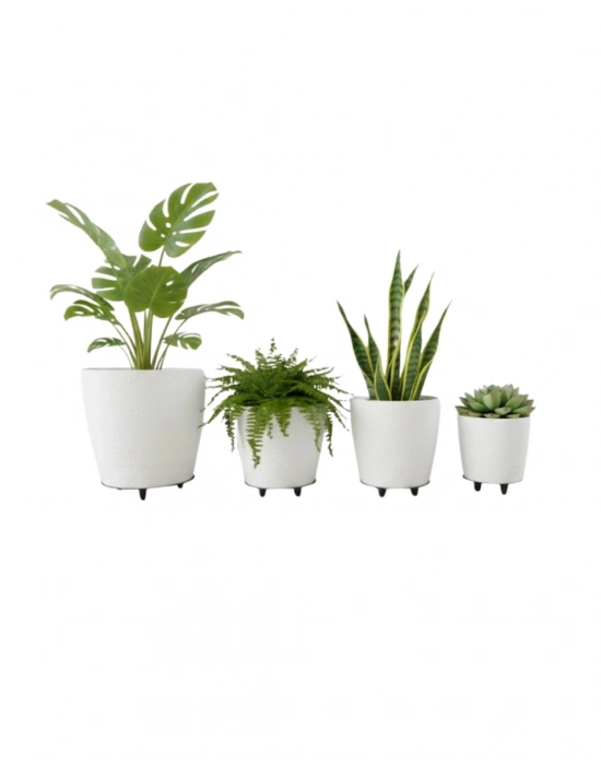 ® 4’lü 3D Şık Beyaz Saksı Seti Modern Ayaklı Dekoratif Vazo