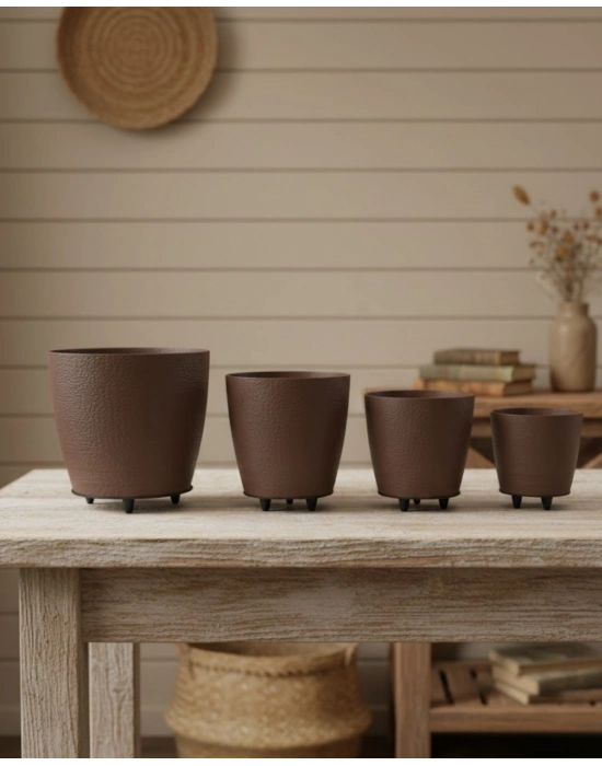 ® 4’lü 3D Şık Kahverengi Vazo Seti Modern Ayaklı Saksı