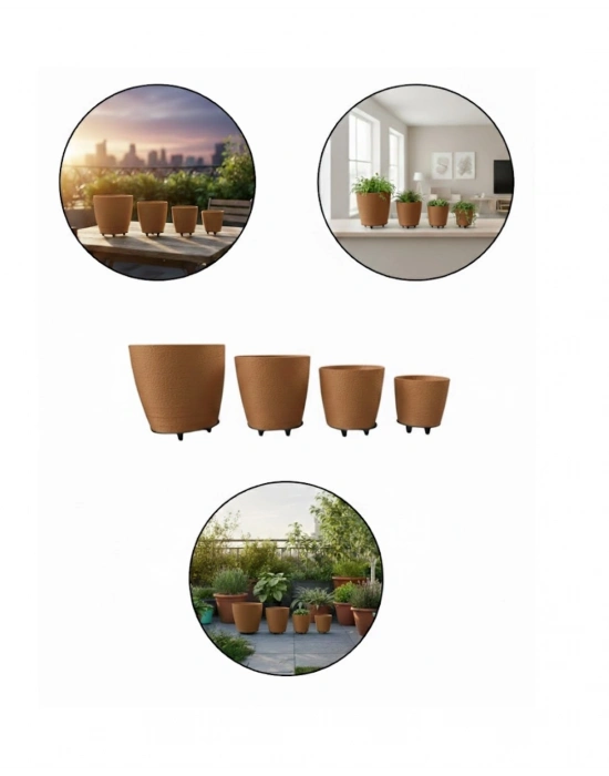 ® 4’lü 3D Şık Kahverengi Vazo Seti Modern Ayaklı Saksı