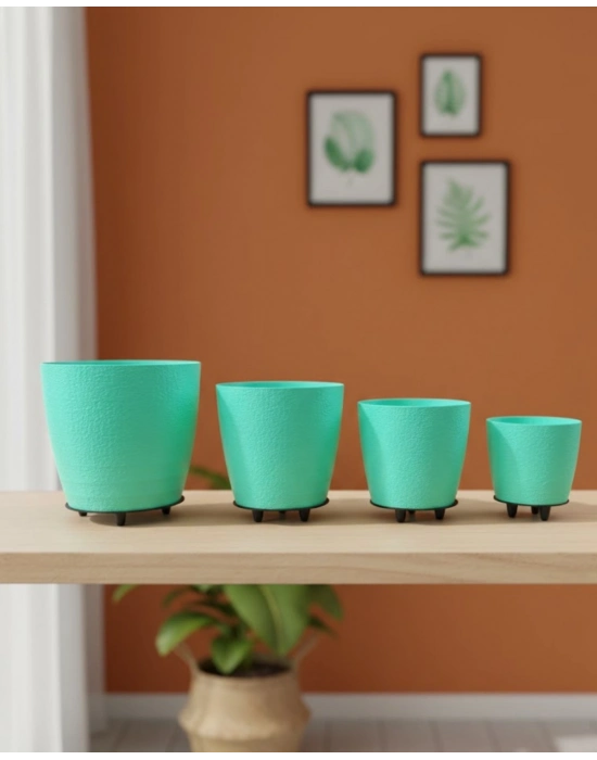 ® 4’lü 3D Yeşil Dekoratif Vazo Seti Modern Ayaklı Şık Saksı Takımı