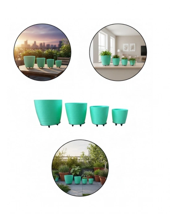 ® 4’lü 3D Yeşil Dekoratif Vazo Seti Modern Ayaklı Şık Saksı Takımı