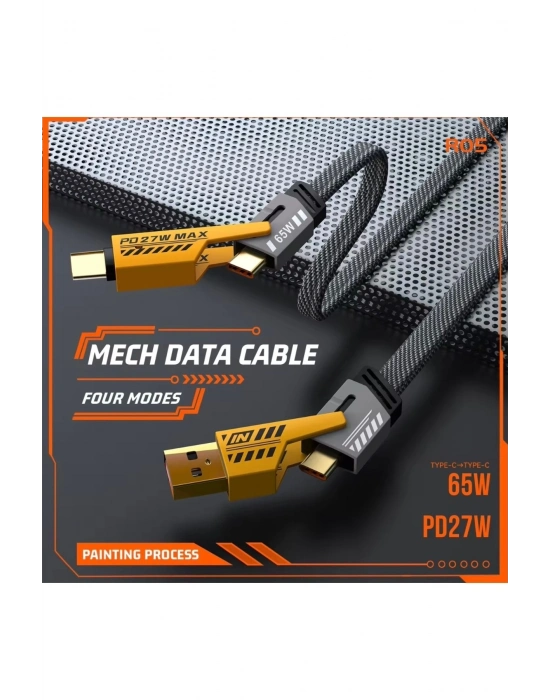 ® 4’ü 1 Arada 65W Hızlı Şarj Kablosu – USB ve Type-C Girişli, Örgülü Dayanıklı