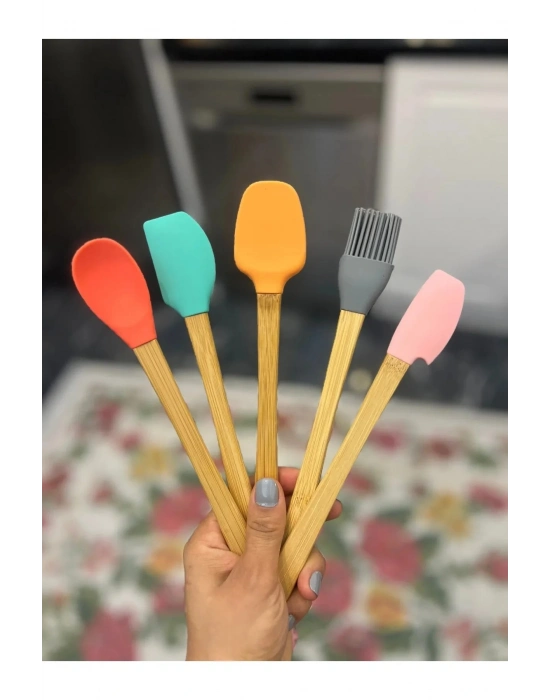 5'li Renkli Ahşap Saplı Silikon Uçlu Spatula Fırçalı Kaşık Seti -yemek Hazırlık Seti 21 Cm