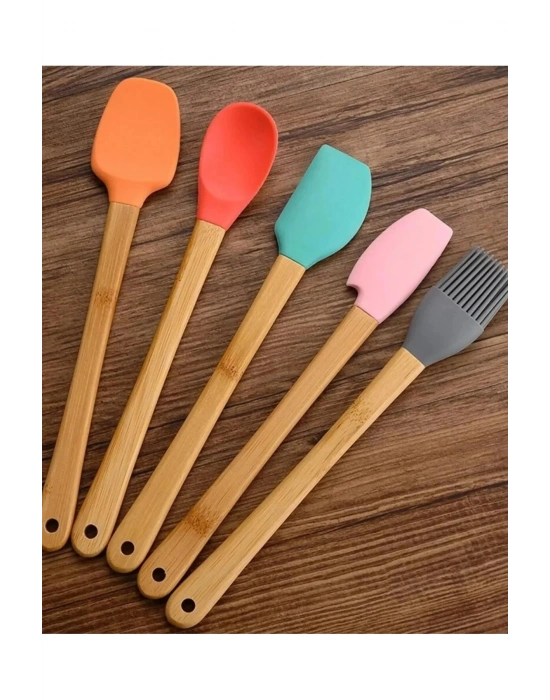 5'li Renkli Ahşap Saplı Silikon Uçlu Spatula Fırçalı Kaşık Seti -yemek Hazırlık Seti 21 Cm