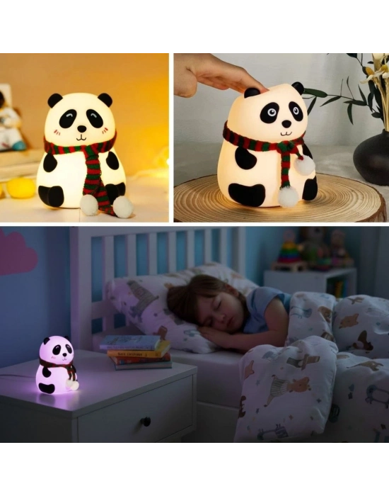 ® 5 Farklı Renk Modlu Panda Figürlü Pofuduk LED Gece ası–Yumuşak Dokulu Çocuk Odası ve Dekoratif Şarjlı Ortam Işığı