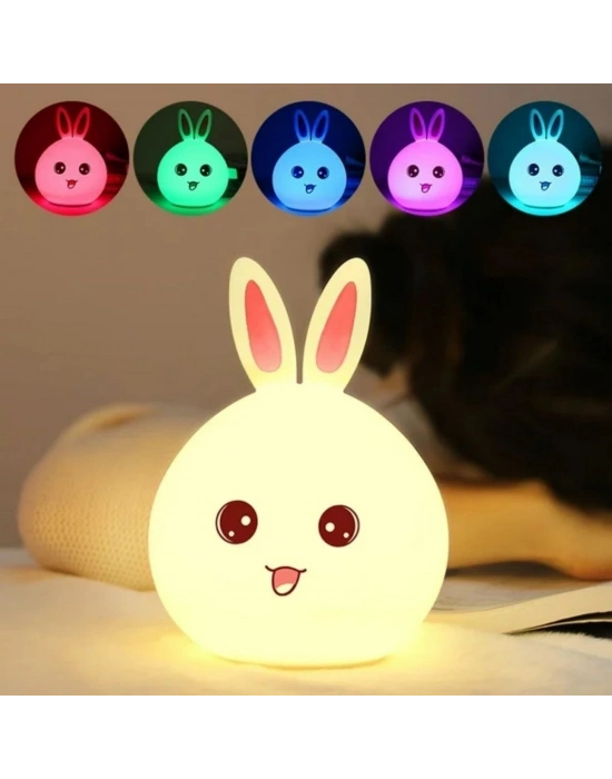 ® 5 Farklı Renk Modlu Tavşan Figürlü Pofuduk LED Gece ası–Yumuşak Dokulu Çocuk Odası ve Dekoratif Şarjlı Ortam Işığı