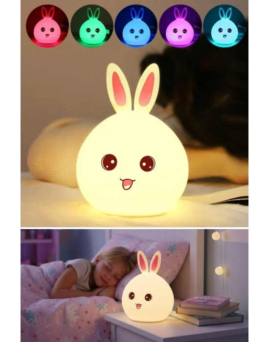 ® 5 Farklı Renk Modlu Tavşan Figürlü Pofuduk LED Gece ası–Yumuşak Dokulu Çocuk Odası ve Dekoratif Şarjlı Ortam Işığı