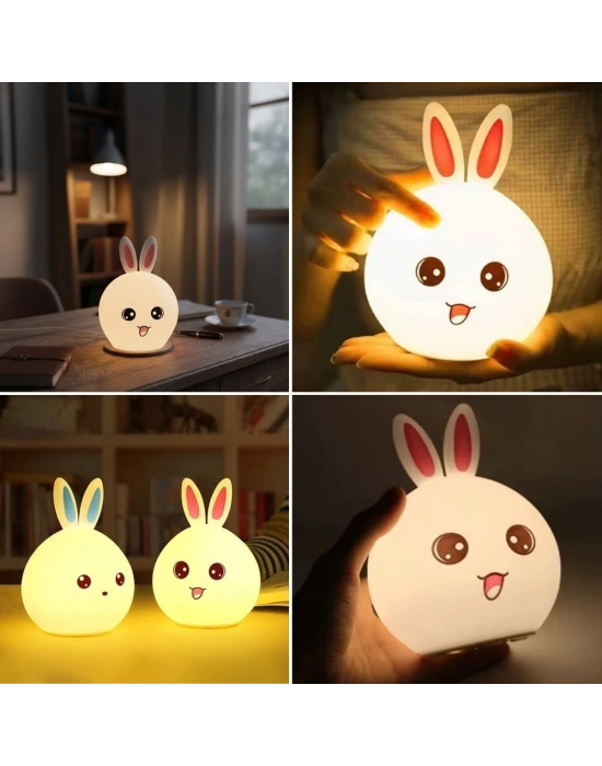 ® 5 Farklı Renk Modlu Tavşan Figürlü Pofuduk LED Gece ası–Yumuşak Dokulu Çocuk Odası ve Dekoratif Şarjlı Ortam Işığı