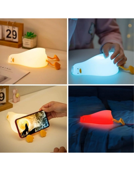 ® 5 Farklı Renk Modlu Tembel Ördek Figürlü Pofuduk LED Gece ası–Yumuşak Dokulu Çocuk Odası ve Dekoratif Şarjlı Ortam Işığı