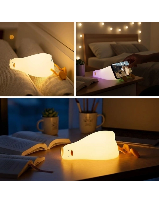 ® 5 Farklı Renk Modlu Tembel Ördek Figürlü Pofuduk LED Gece ası–Yumuşak Dokulu Çocuk Odası ve Dekoratif Şarjlı Ortam Işığı