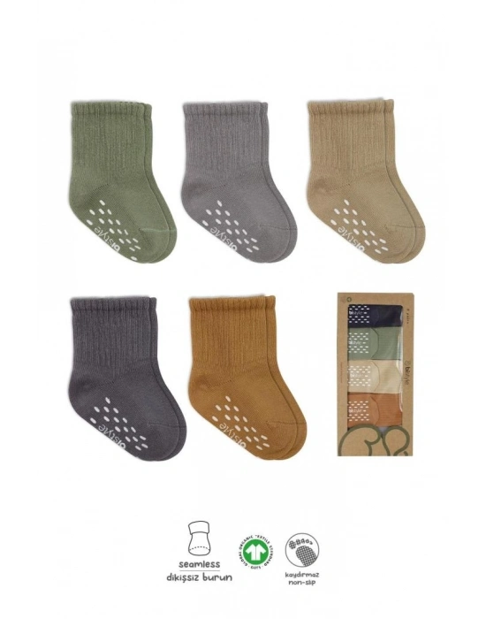 ®   5Li Penye Kaymaz Düz Soket Çorap 10121 Yeşil