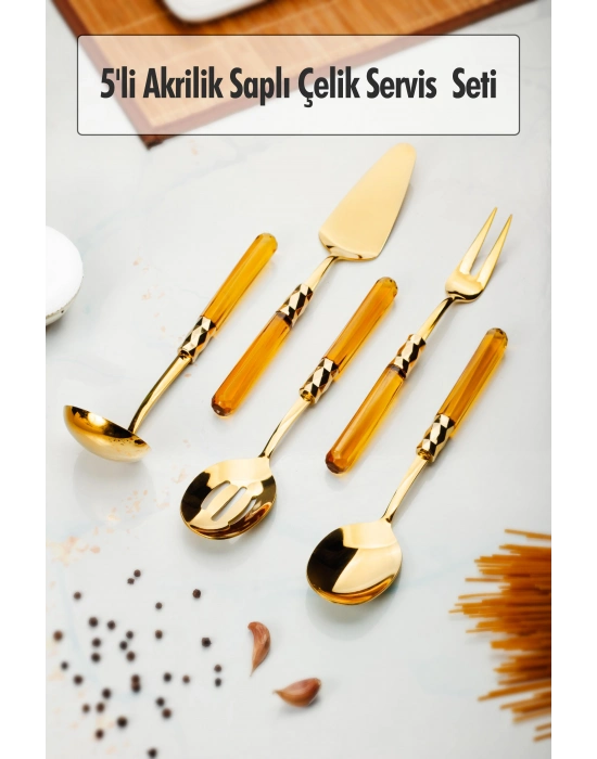 5 Parça Gold Servis Seti & Servis Sunum Seti Amber ( Kepçe / Kevgir / Sıpatula / Çatal / Kaşık )