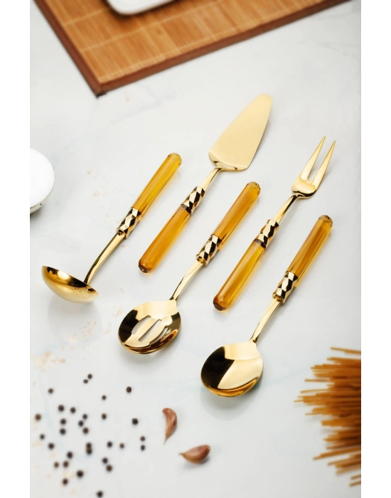 5 Parça Gold Servis Seti & Servis Sunum Seti Amber ( Kepçe / Kevgir / Sıpatula / Çatal / Kaşık )