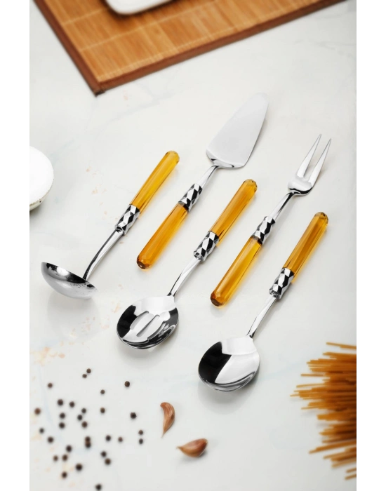 5 Parça Platin Servis Seti & Servis Sunum Seti Amber ( Kepçe / Kevgir / Sıpatula / Çatal / Kaşık )