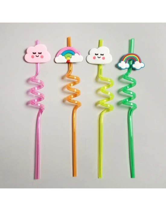 5 Parça Renkli Pipet Seti - Emojili Spiral Kokteyl- Çocuk Pipeti Temizleme Fırçalı