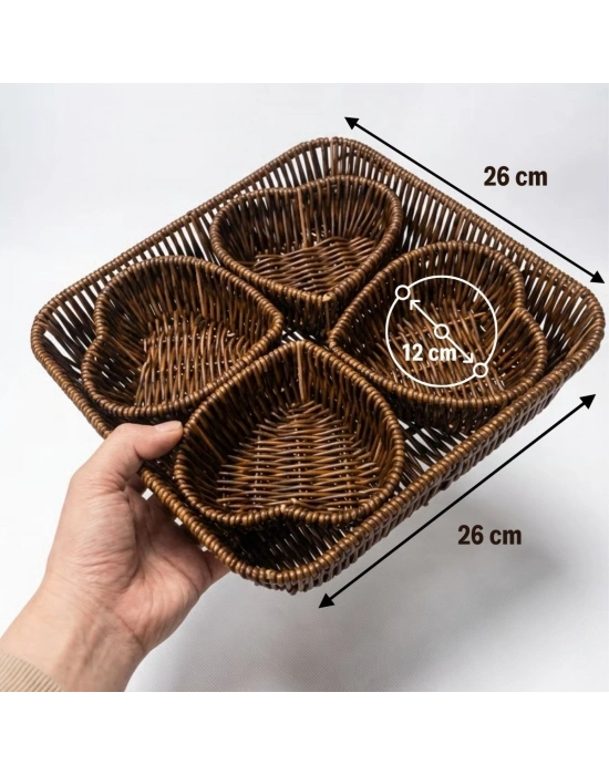 ®  5 Parça,4 Kalp Formlu Plastik Rattan Sunum ve Kahvaltı Seti-Bölmeli Çerezlik ve Meyvelik-Doğal Hasır Görünümlü Tepsi ve Sunum Tabakları