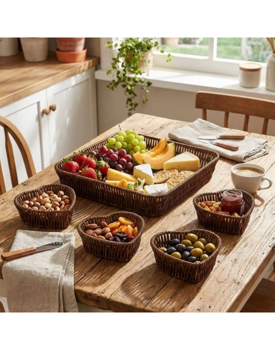 ®  5 Parça,4 Kalp Formlu Plastik Rattan Sunum ve Kahvaltı Seti-Bölmeli Çerezlik ve Meyvelik-Doğal Hasır Görünümlü Tepsi ve Sunum Tabakları