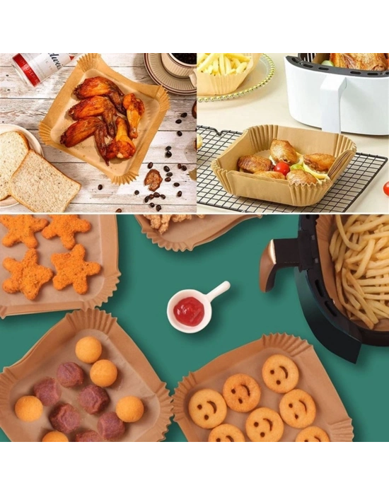 ® 50 Adet Air Fryer Pişirme Kağıdı Tek Kullanımlık Hava Fritöz Yağ Geçirmez Yapışmaz Kare Tabak Model
