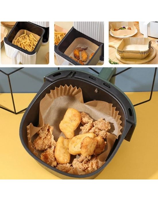 ®  50 Adet Air Fryer Pişirme Kağıdı Tek Kullanımlık Yağ Geçirmez Yapışmaz Kare Tabak Model PVC