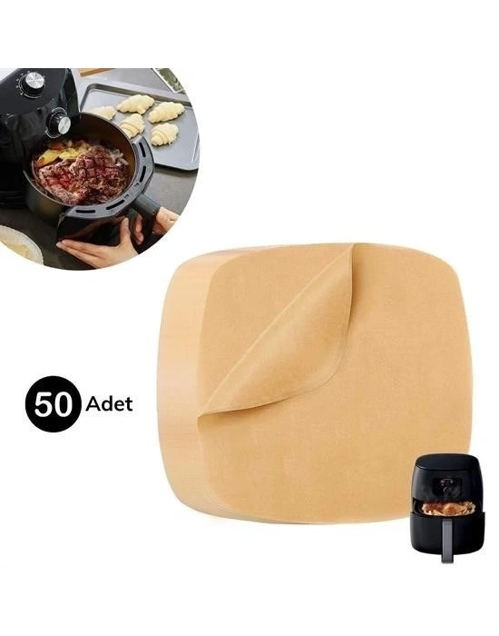 ® 50 Adet Air Fryer Pişirme Kağıdı Tek Kullanımlık Yağ Su Geçirmez Yapışmaz Deliksiz Düz Kare Model