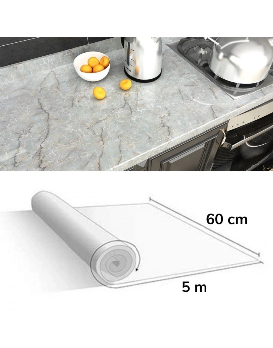 ®  5mt x 60 cm Mermer Desenli Masa Tezgah Mutfak Su Geçirmez Yapışkanlı Folyo Sticker