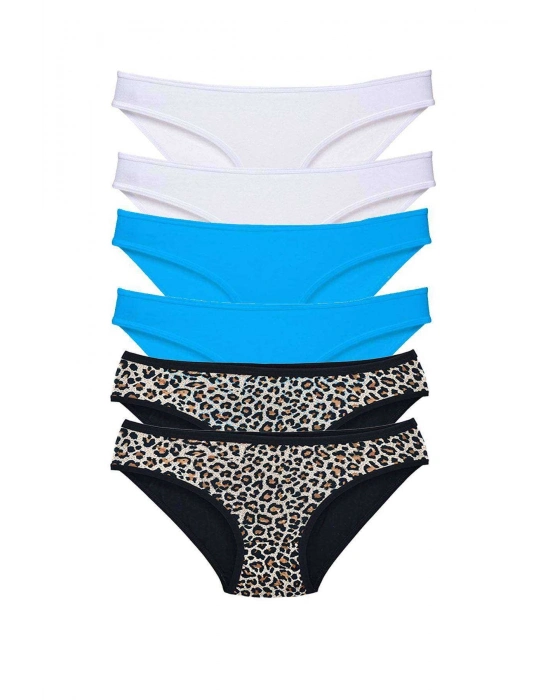 6 Adet Likralı Kadın Slip Külot Leopar Beyaz Mavi