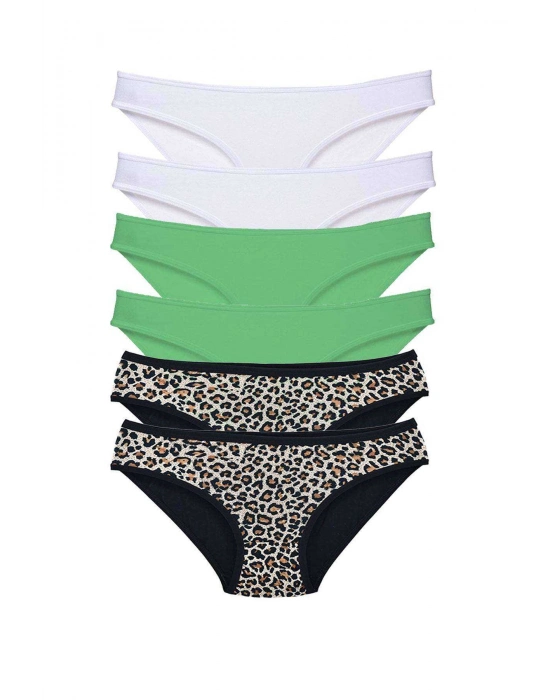 6 Adet Likralı Kadın Slip Külot Leopar Beyaz Yeşil