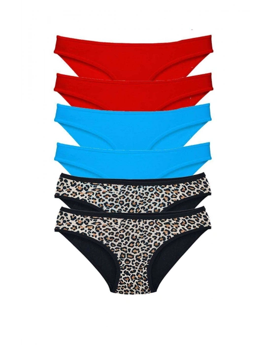 6 Adet Likralı Kadın Slip Külot Leopar Kırmızı Mavi