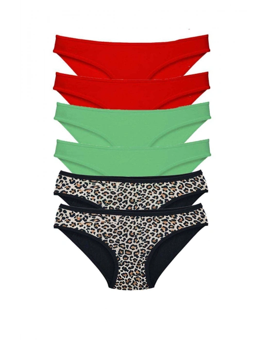 6 Adet Likralı Kadın Slip Külot Leopar Kırmızı Yeşil