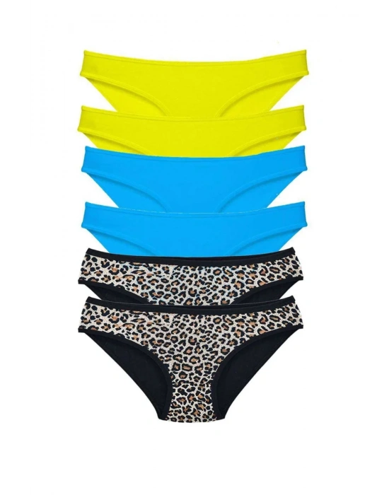 6 Adet Likralı Kadın Slip Külot Leopar Sarı Mavi