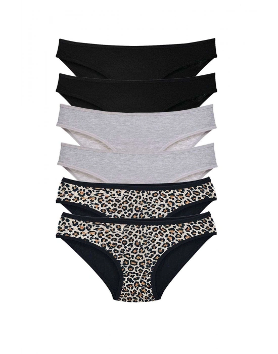 6 Adet Likralı Kadın Slip Külot Leopar Siyah Gri