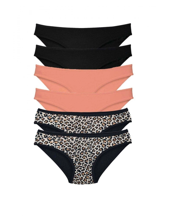6 Adet Likralı Kadın Slip Külot Leopar Siyah Pudra
