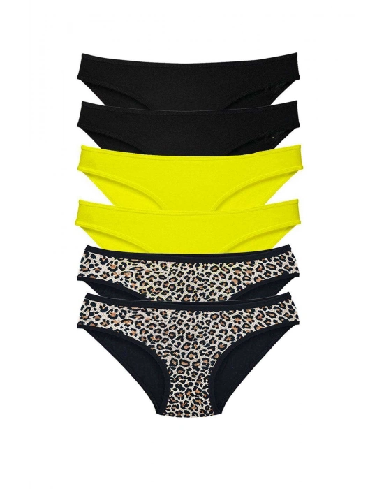 6 Adet Likralı Kadın Slip Külot Leopar Siyah Sarı
