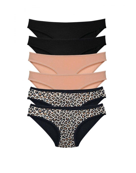6 Adet Likralı Kadın Slip Külot Leopar Siyah Ten