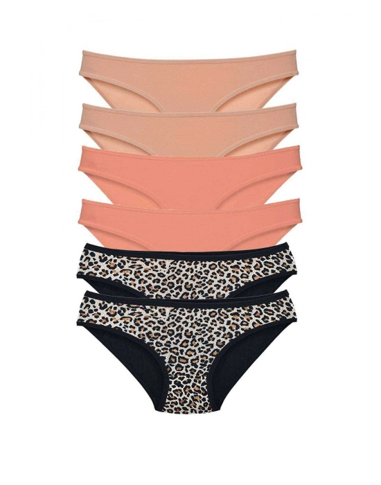 6 Adet Likralı Kadın Slip Külot Leopar Ten Pudra