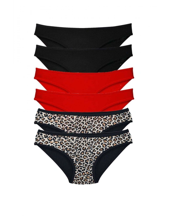6 Adet Özel Set Likralı Yumuşak Dokulu Kadın Slip Külot Leopar Siyah Kırmızı
