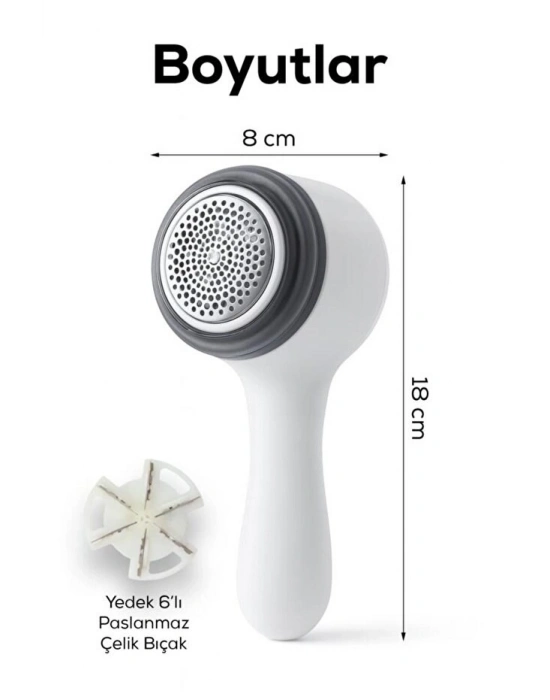 ® 6 Bıçaklı Şarjlı Tüy Ve Tiftik Temizleme Makinesi Beyaz Yuvarlak Tasarım YEDEK BIÇAKLI