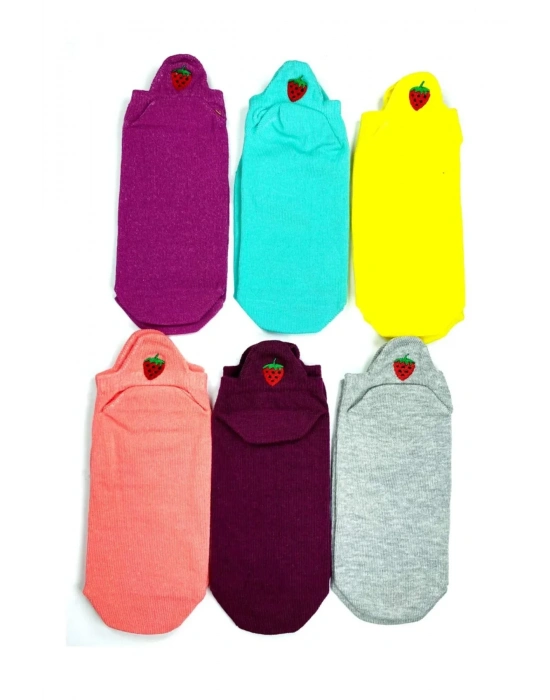 6 Çift Çilek Nakış Baskılı Pamuklu Yumuşak Kadın Bilek Çorap