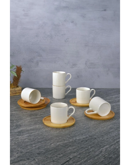 6 Lı Bambu Tabaklı Porselen Kahve Fincanı Seti