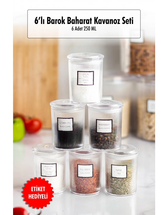 6lı Barok Yuvarlak Baharat Kavanoz Seti & Saklama Kabı & Erzak Kabı (6*250 ML)