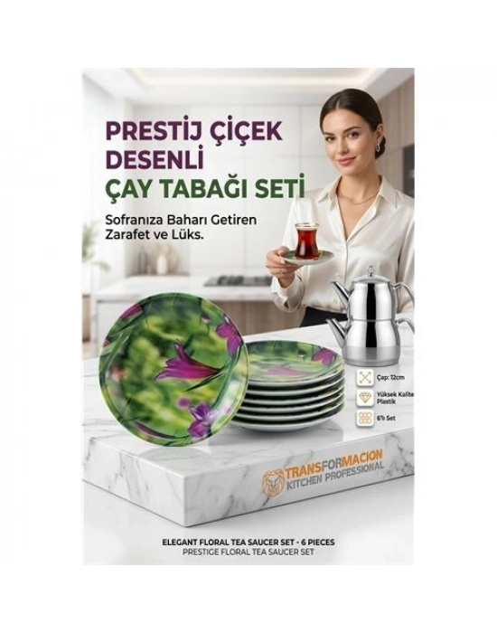 6lı Çiçek Desenli Kırılmaz Çay Tabağı Seti | Lüks Plastik Sunum Tabağı 723189