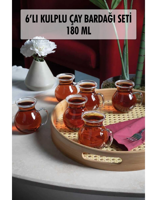 6lı Keyfi Ala Borosilikat Cam Kulplu Çay Bardağı