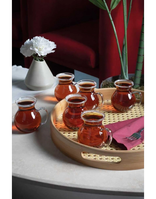 6lı Keyfi Ala Borosilikat Cam Kulplu Çay Bardağı