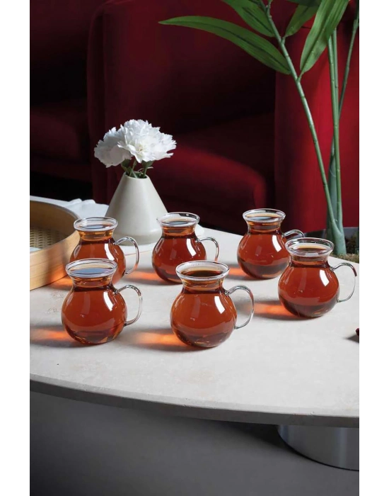 6lı Keyfi Ala Borosilikat Cam Kulplu Çay Bardağı