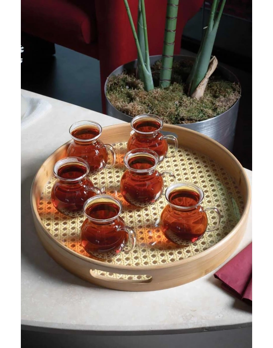 6lı Keyfi Ala Borosilikat Cam Kulplu Çay Bardağı