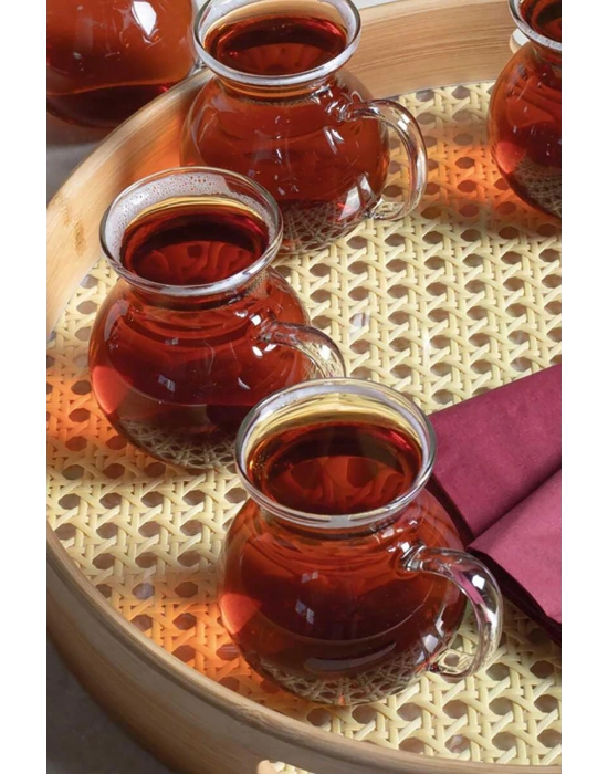 6lı Keyfi Ala Borosilikat Cam Kulplu Çay Bardağı