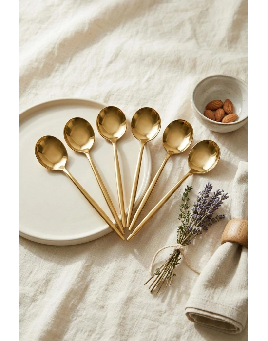 6lı Lüks Gold Paslanmaz Çelik Tatlı Kaşığı Seti (16 cm)