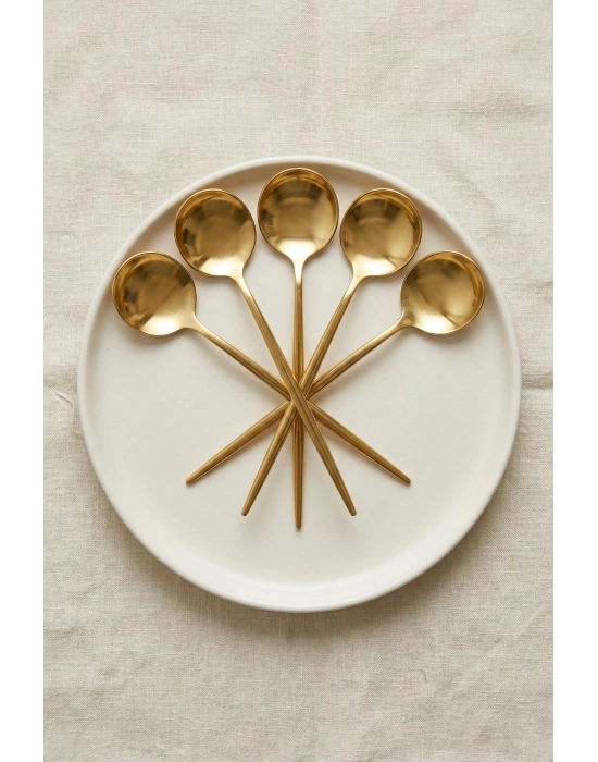 6lı Lüks Gold Paslanmaz Çelik Tatlı Kaşığı Seti (16 cm)