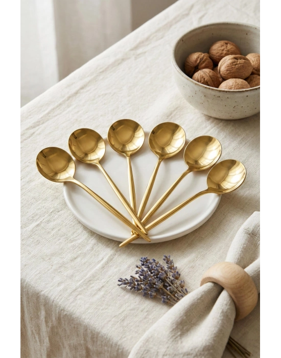 6lı Lüks Gold Paslanmaz Çelik Tatlı Kaşığı Seti (16 cm)